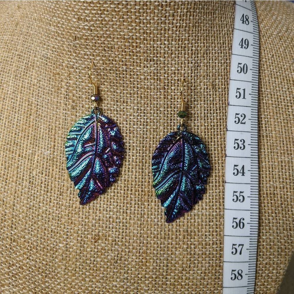 Dark Iridescent Rainbow Leaf Earrings; Fairy; Hypoallergenic Hooks; Craft Jewler